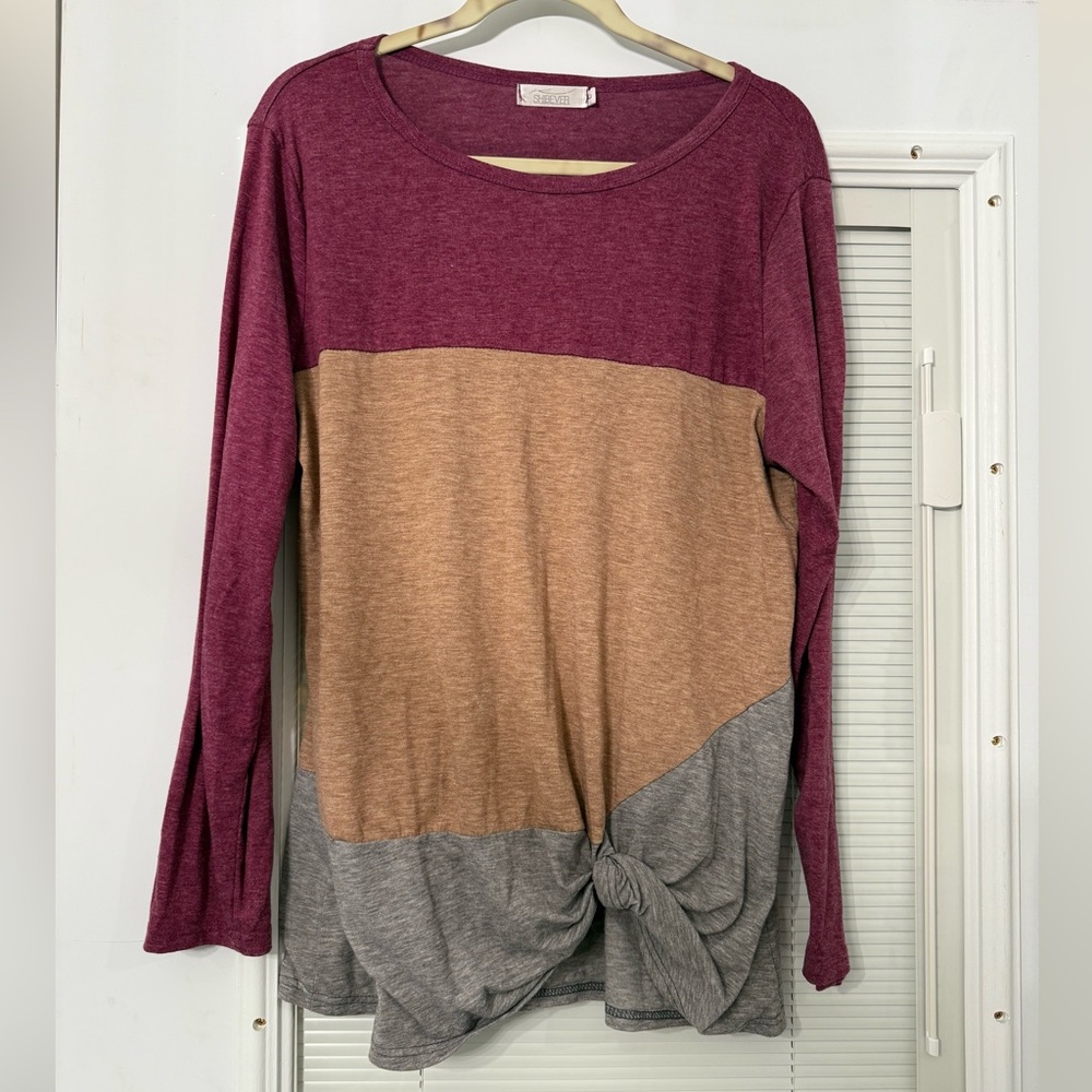 Shibever Burgundy, Tan,‎ and Gray Long Sleeve Top size Large
